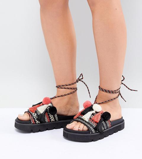 Sandalias Planas Con Pompón Fringey Premium De Asos Design