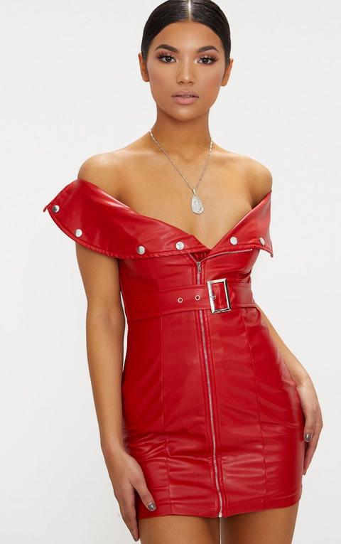 Red Faux Leather Bardot Waist Belt Bodycon Dress