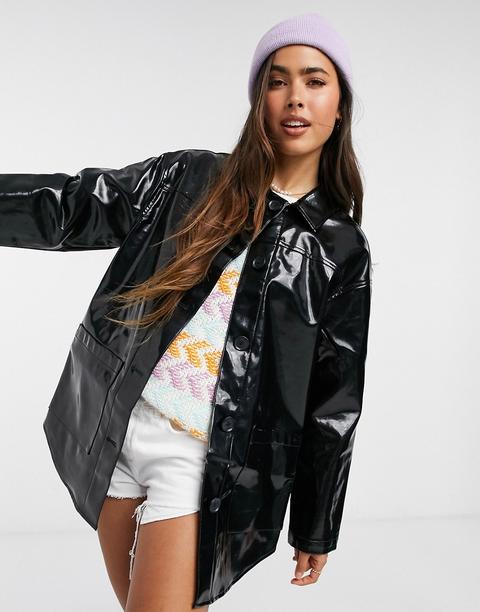 Asos Design Vinyl Shacket In Black