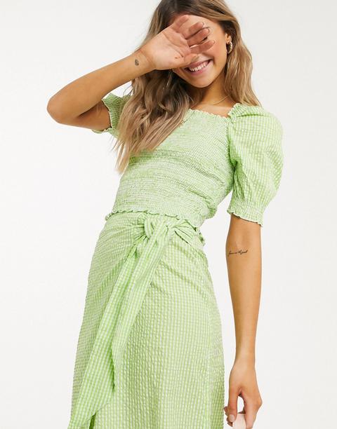 Monki Mona Check Print Seersucker Crop Top In Green