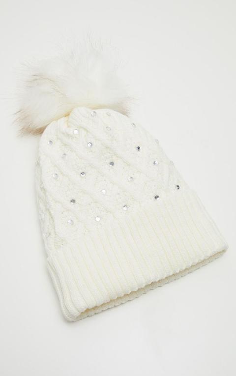 White Diamante Pom Pom Knitted Hat