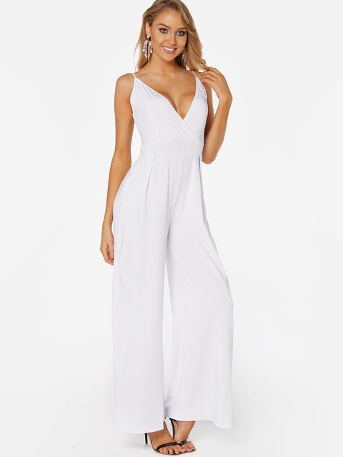 White Deep V Neck Self-tie Back Design Wide Leg Jumpsuit