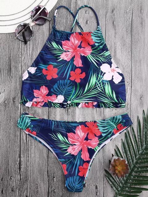 Bikini Floreale Tropicale A Collo Alto Con Volant Floral