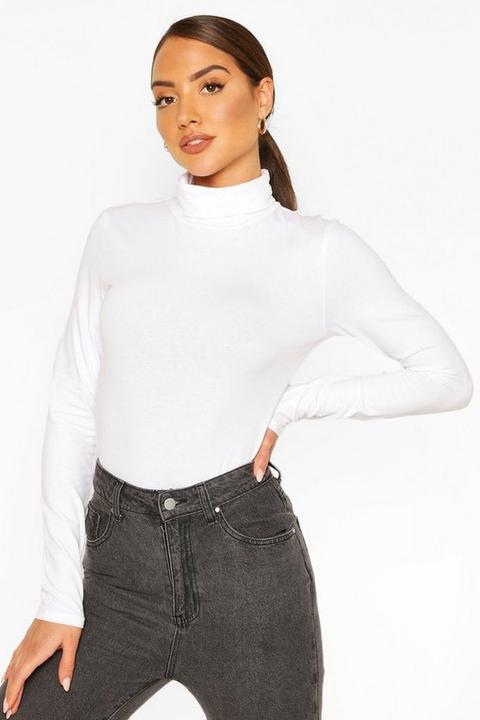 Womens Roll Neck Long Sleeve Bodysuit - White - 8, White