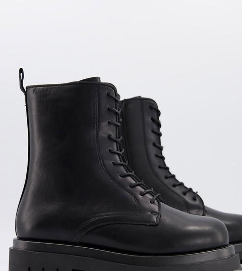 Truffle Collection Wide Fit Lace Up Chunky Military Boots In Black