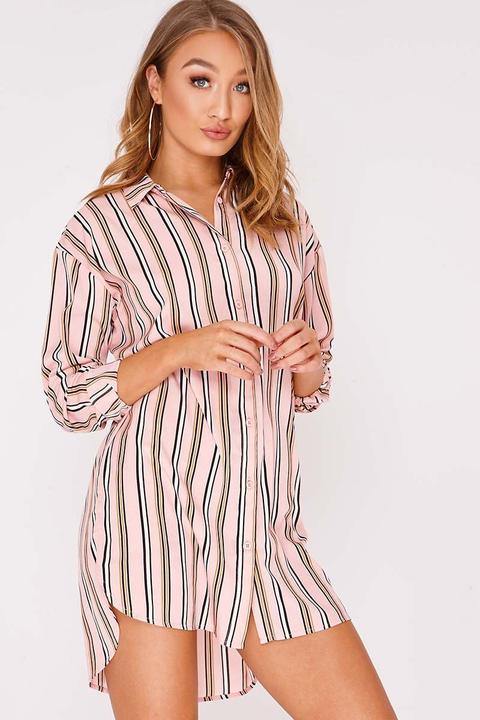 Pink Dresses - Gali Pink Stripe Dropped Hem Shirt Dress