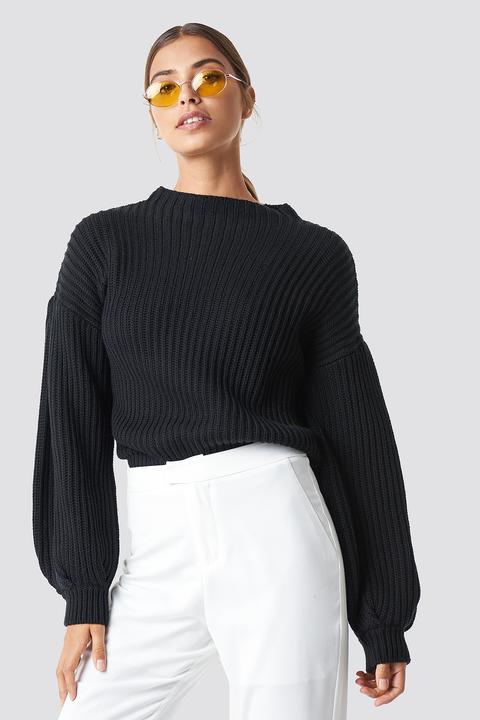 Balloon Sleeve Knitted Sweater Schwarz