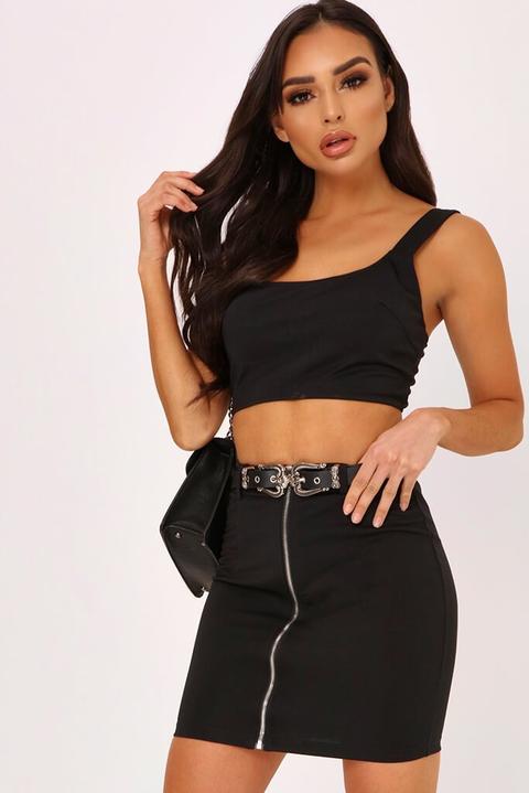 Black Double Buckle Zip Through Mini Skirt