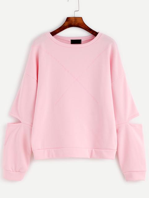 Sudadera De Manga Con Abertura Y Hombro Caído Rosa