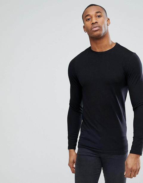 Asos Design - T-shirt A Maniche Lunghe Attillata Girocollo Nera - Nero