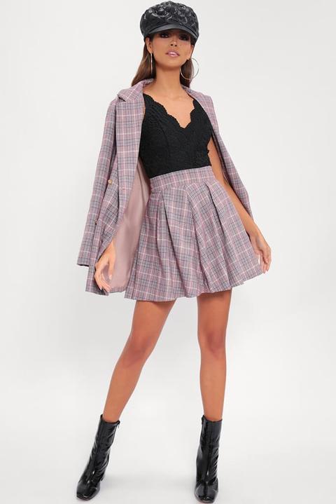 Pink Checked Pleated Mini Skirt