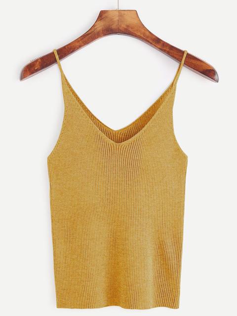 Top De Punto De Canalé De Tirantes Finos Con Cuello En V