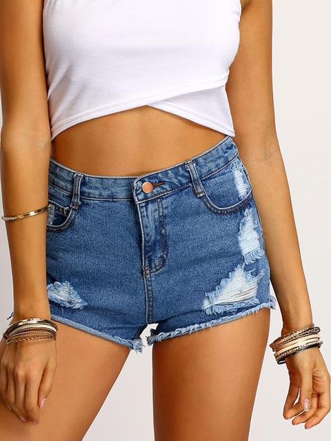 Blue Frayed Ripped Denim Shorts