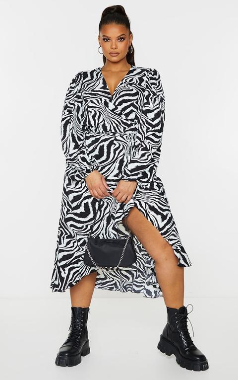 Plus White Zebra Print Ruffle Wrap Front Midi Dress