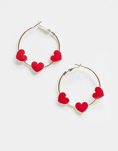 Asos Design Hoop Earrings With Red Love Hearts In Gold Tone