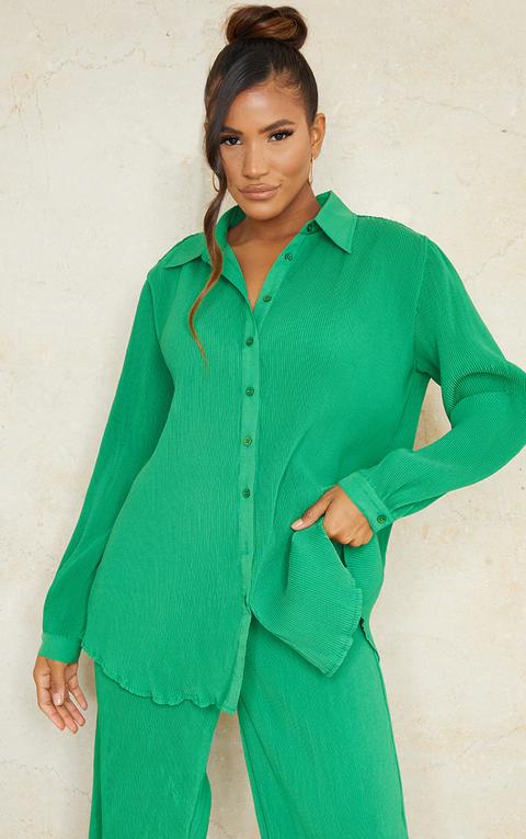 Bright Green Plisse Button Front Oversized Shirt