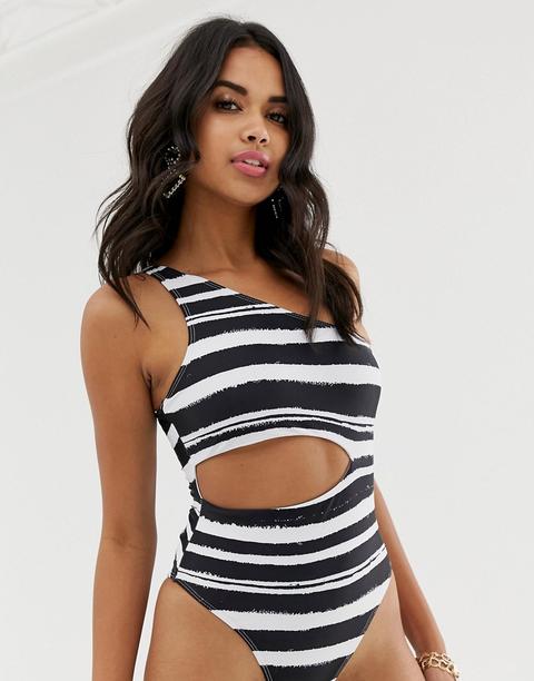 Bañador Asimétrico Con Detalle De Aberturas Y Rayas Monocromáticas De Missguided-blanco