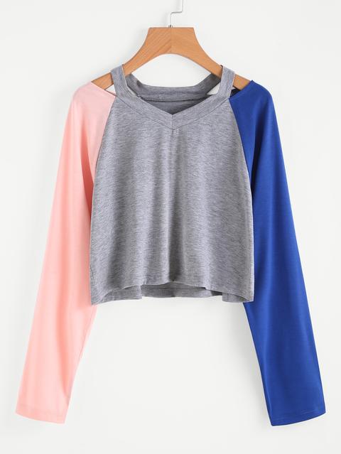 Cut Out Neck Contrast Sleeve Tee