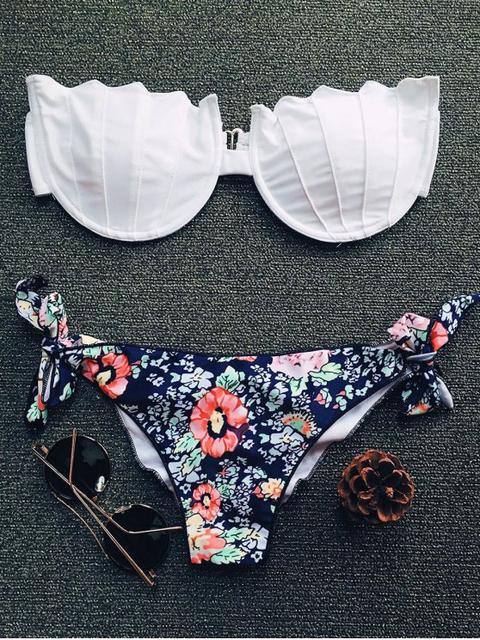 Tiny Floral Print Strapless Padded Bikini Set