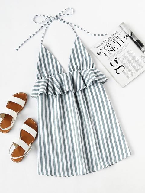 Halter Neck Vertical Striped Frill Trim Dress