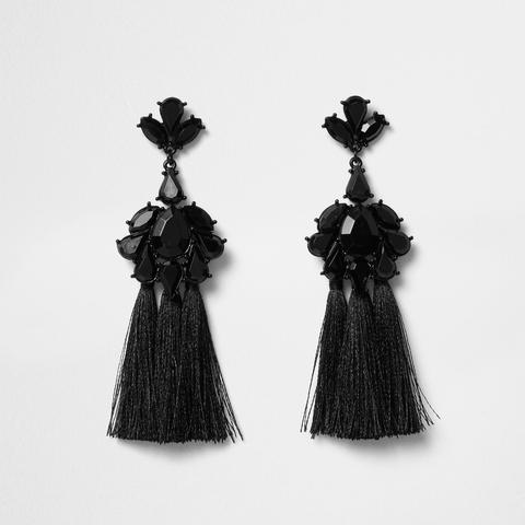 Black Jewel Embellished Tassel Drop Earrings