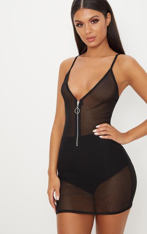 Black Mesh Zip Front Strappy Bodycon Dress