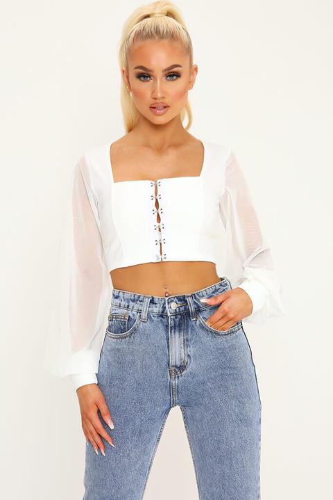 White Mesh Sleeve Crop Top