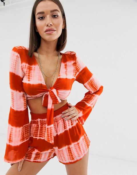 Missguided - Top Arancione Tie-dye Con Maniche Svasate E Nodo Frontale In Coordinato - Multicolore