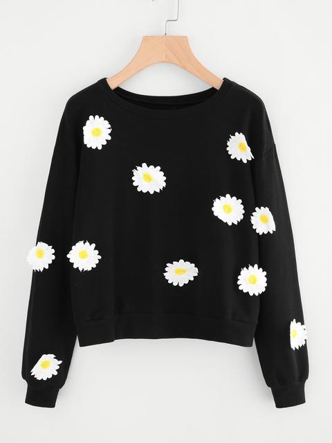 Flower Embroidered Patch Sweatshirt