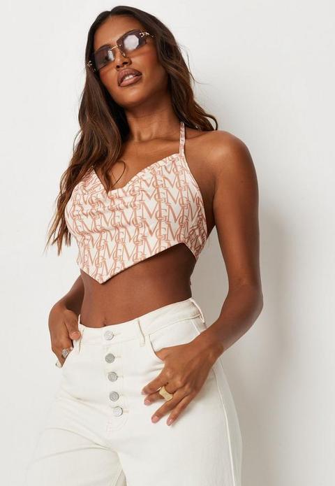 Sarah Ashcroft X Missguided Orange Mg Repeat Print Slinky Hanky Hem Beach Cover Up Crop Top, Orange