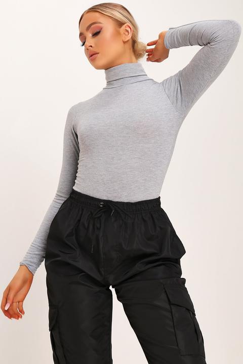 Grey Basic Long Sleeved Roll Neck Bodysuit