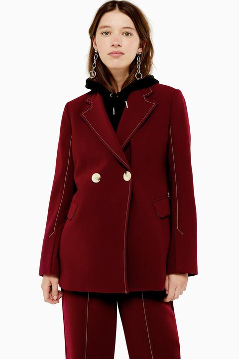 Womens Burgundy High Break Double Breasted Blazer - Burgundy, Burgundy