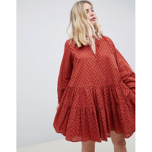asos design tiered trapeze mini dress in broderie