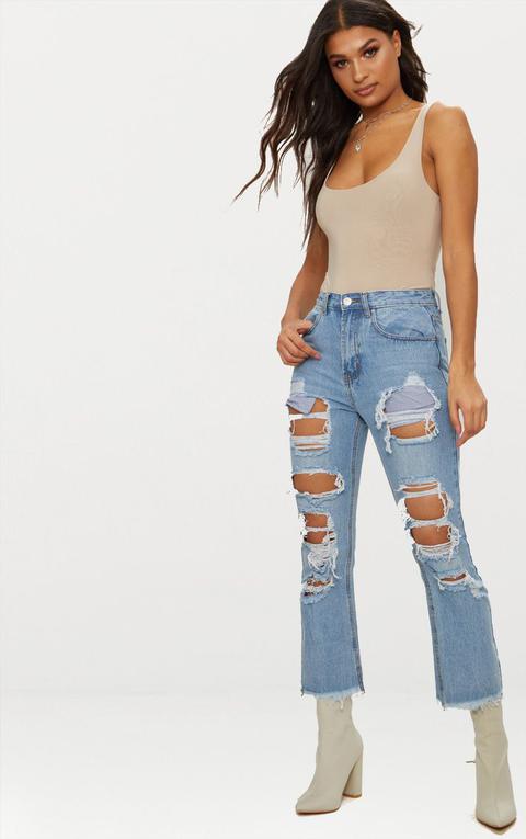 Light Wash Fray Hem Extreme Distressed Mom Jean
