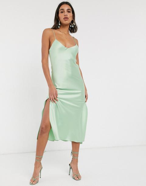 Asos Design Satin Cami Maxi Slip Dress In Green