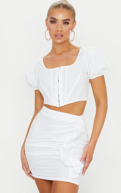 White Woven Hook & Eye Corset Puff Sleeve Crop Top