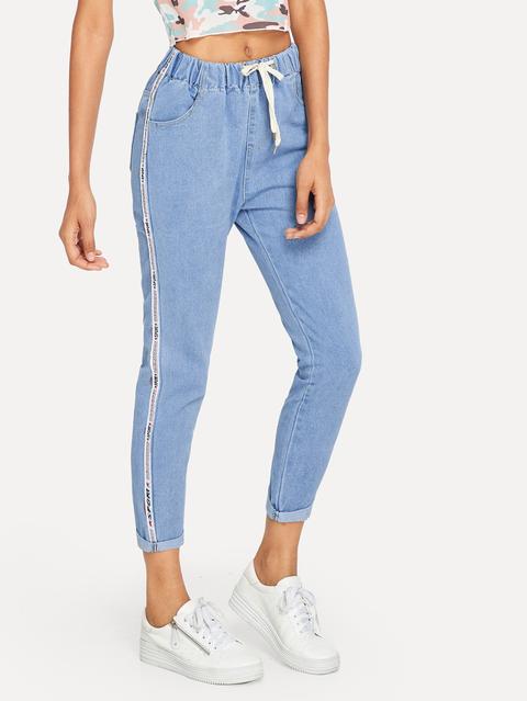 Ribbon Side Drawstring Waist Jeans