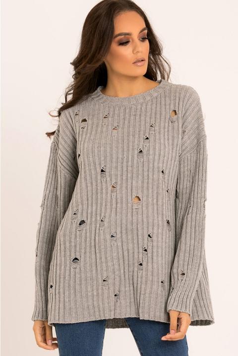 Nina Grey Distressed Oversized Jumper