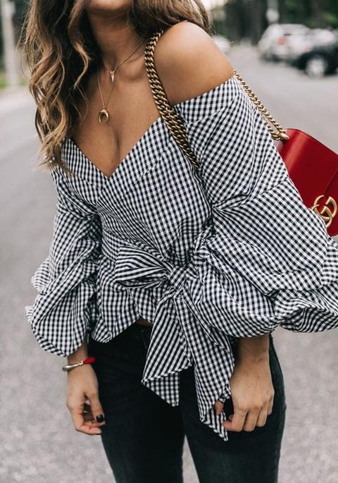 Black Plaid Sashes Irregular Plunging Neckline Fashion Blouse