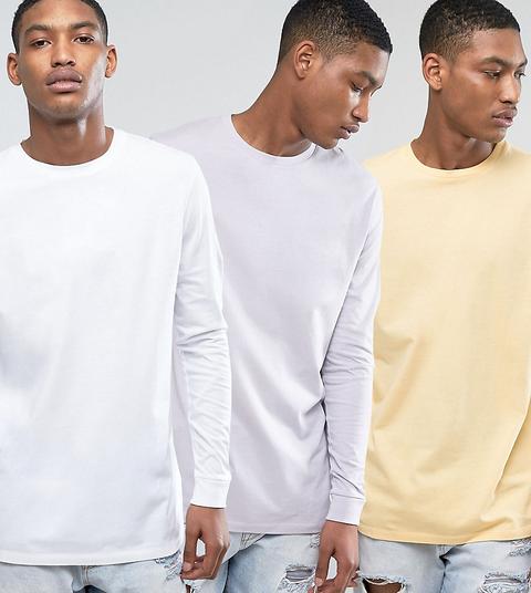 Pack De 3 Camisetas Largas De Manga Larga En Amarillo/violeta/blanco De Asos