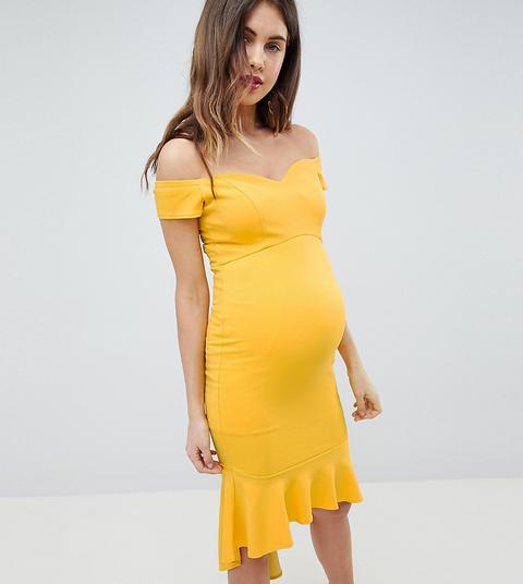 Queen Bee - Vestito Midi Con Spalle Scoperte E Volant - Giallo