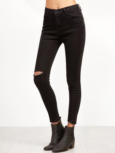 Black Ripped Raw Hem Skinny Jeans