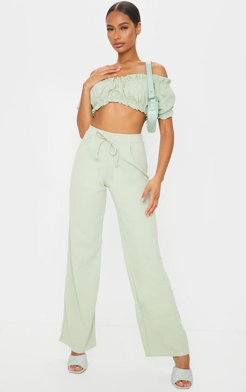 Sage Green Wide Leg Pleat Detail Joggers
