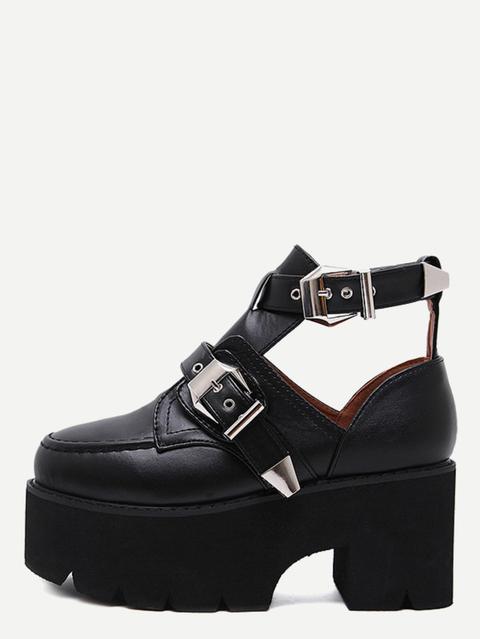 Zapatos De Pu Con Cuña Y Hebilla - Negro