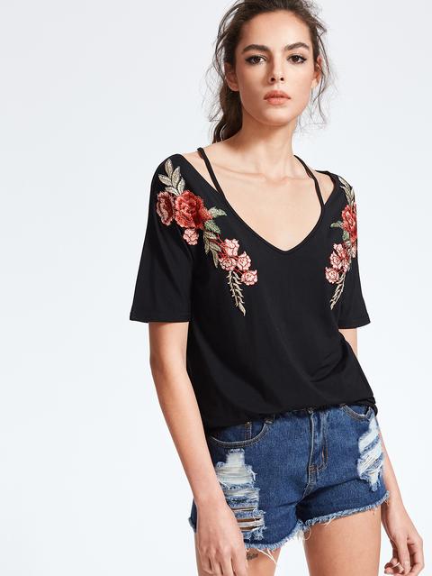 Rose Patch Strappy V Neck Tee