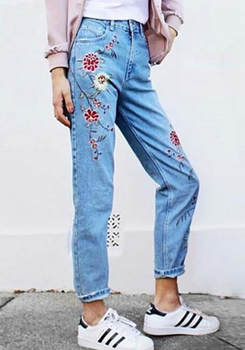 Jeans Lunghi Fiori Ricami Vita Normale Di Modo Del Cotone Azzurro