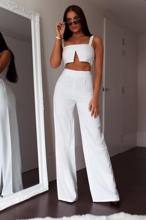 White Trousers - Sarah Ashcroft White Pinstripe Palazzo Trousers