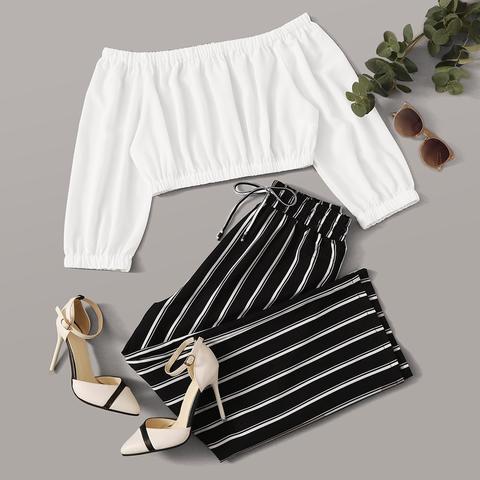 Solid Bardot Top With Striped Trousers