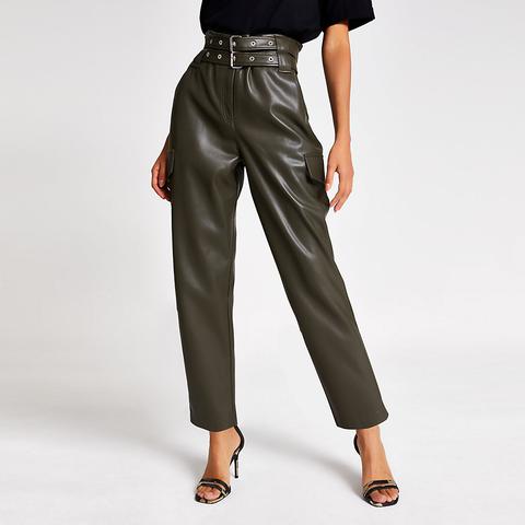 Khaki Belted Tapered Coated Trousers