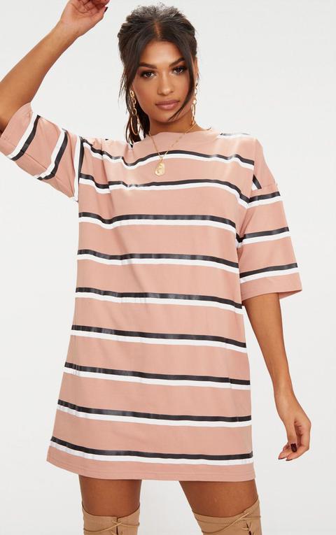 Camel Striped Oversized Boyfriend T Shirt Dress